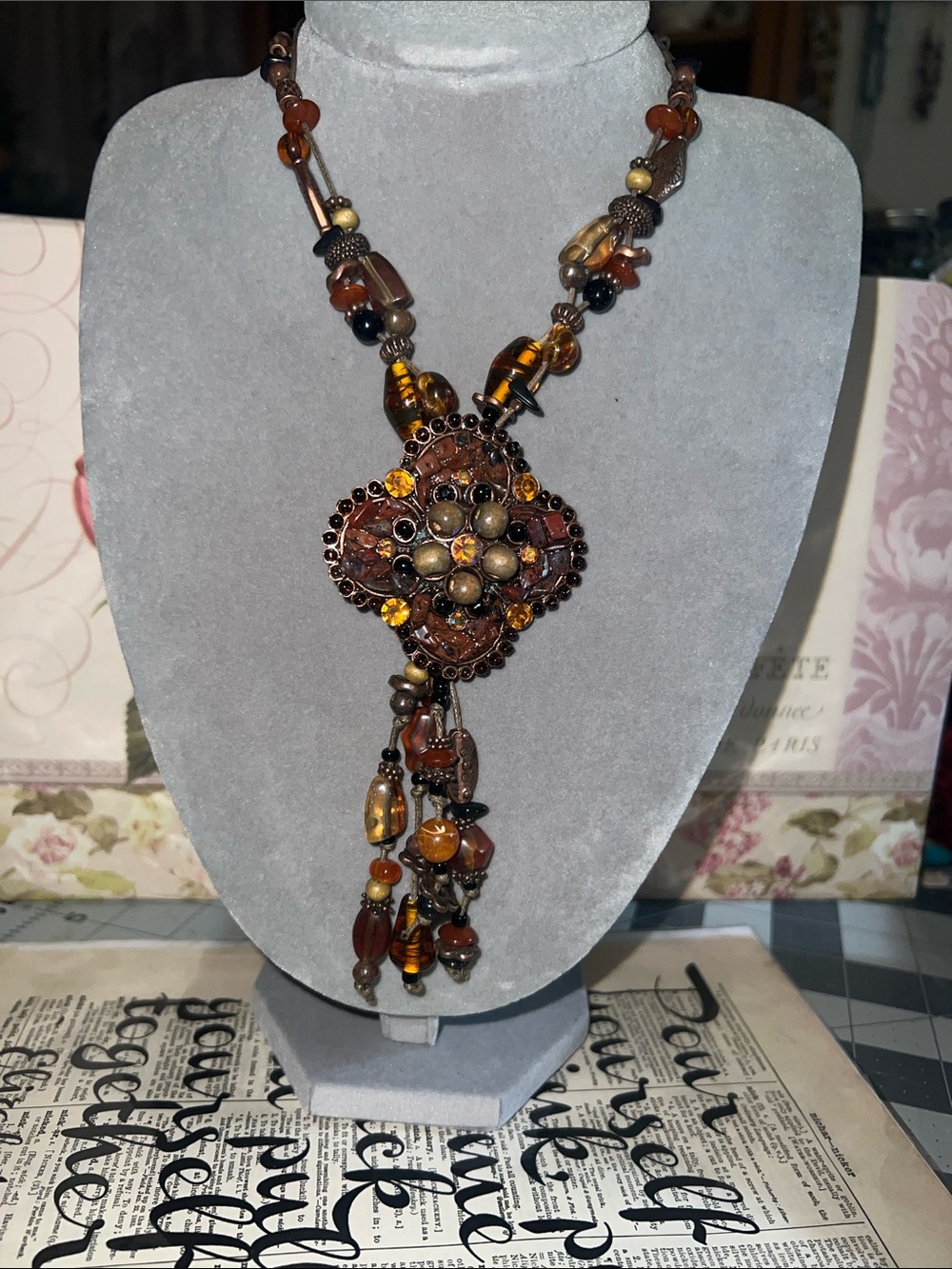 Boho artisian Amber Resin Pendant Necklace with Tassel - Women Jewelry